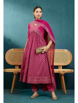 KVS FAB - Pink Embroidery Digital Print Alia Cut Kurta with Pant and Dupatta (Set of 3)