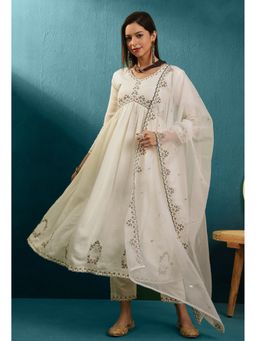 KVS FAB - Off White Embroidered Alia Cut A Line Anarkali Kurta with Pant and Dupatta (Set of 3)