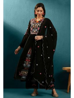 KVS FAB - Black Georgette Mirror Work Embroidered Kurta with Palazzo and Dupatta Set (Set of 3)