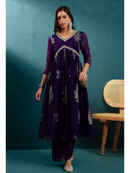 KVS FAB - Purple Milky Zari Embroidered with Foil Printed Alia Cut Kurta with Palazzo (Set of 2)