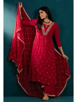 KVS FAB - Red Georgette Zari Sequence Embroidered Kurta with Palazzo and Dupatta (Set of 3)