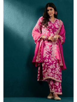 KVS FAB - Pink Zari Sequence Embroidered Printed Kurta with Pant and Dupatta (Set of 3)