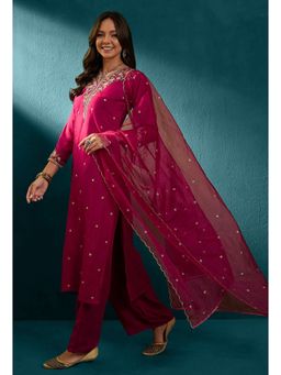 KVS FAB - Pink Zari Sequence Embroidered Kurta with Pant Style and Dupatta (Set of 3)