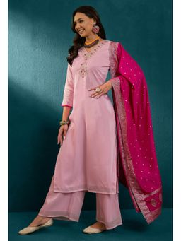 KVS FAB - Light Pink Kashmiri Sequence Embroidered Kurta with Palazzo and Dupatta (Set of 3)