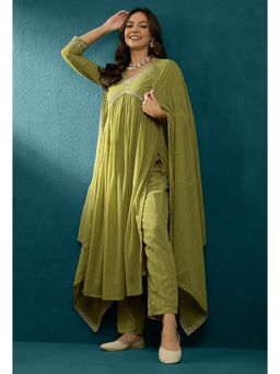 KVS FAB - Mehndi Milky Embroidered Alia Cut Kurta Pant with Dupatta (Set of 3)