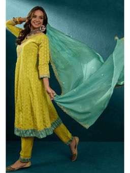 KVS FAB - Mustard Chanderi Jacquard Kurta with Pant and Dupatta (Set of 3)