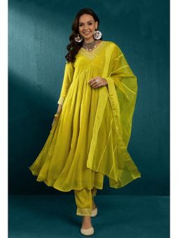 KVS FAB - Mustard Georgette Embroidered Kurta with Pant and Organza Dupatta (Set of 3)