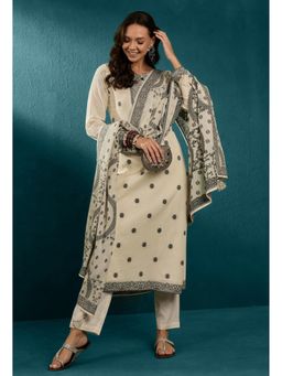 KVS FAB - Off White Cotton Jacquard Worked Kurta with Pant and Dupatta Set (Set of 3)