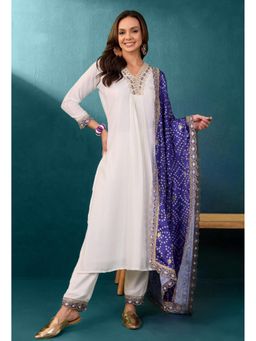 KVS FAB - Off White Vichitra Embroidered Kurta with Pant and Dupatta Set (Set of 3)
