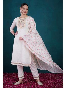KVS FAB - Off White Pure Mirror Worked Embroidered Kurta with Pant and Dupatta (Set of 3)