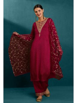 KVS FAB - Rani Satin Embroidery with Foil Print Kurta Pant with Dupatta (Set of 3)