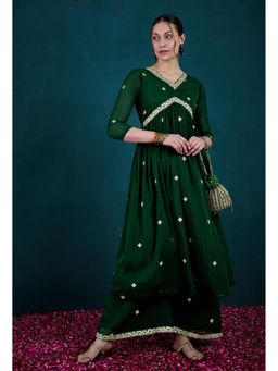 KVS FAB - Green Milky Georgette Zari Sequence Embroidered Alia Cut Kurta with Palazzo (Set of 2)