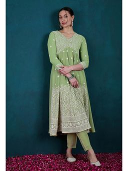 KVS FAB - Pista Green Thread Sequence Embroidered A Line Kurta with Pant (Set of 2)