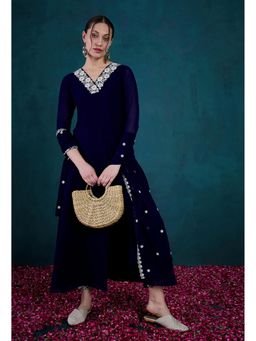 KVS FAB - Navy Blue Embroidered Front Slit Kurta with Pant and Dupatta (Set of 3)