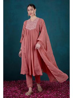 KVS FAB - Dark Peach Milky Cotton Thread Zari Embroidery Kurta with Pant and Dupatta (Set of 3)