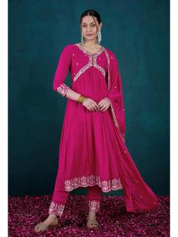 KVS FAB - Raani Pink Chinon Embroidered Alia Cut Kurta with Pant and Dupatta (Set of 3)