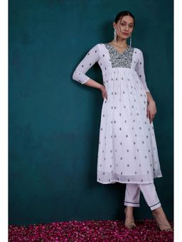 KVS FAB - White Milky Georgette Print Kurta with Pant (Set of 2)