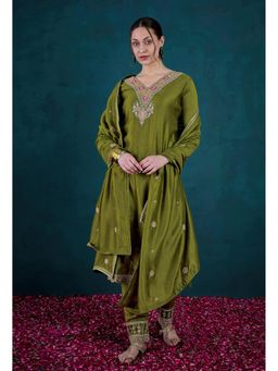 KVS FAB - Mehndi Vichitra Zari Sequence Embroidered Kurta with Pant and Dupatta (Set of 3)