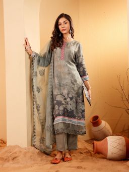 Varanga - Tonal Printed Thread Embroidered Kurta with Pant and Sequinned Dupatta (Set of 3)
