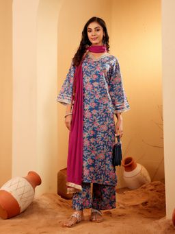 Varanga - Women Blue Floral Printed Straight Kurta with Pant and Contrast Dupatta (Set of 3)