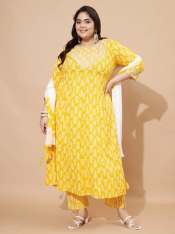 Vbuyz - Womens and A-Line Cotton Yellow Stitched Kurta with Pant and Dupatta (Set of 3)