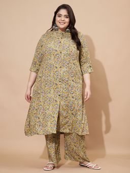 Vbuyz - Womens Floral Printed A-Line Rayon Mahendi Green Kurta with Palazzo (Set of 2)