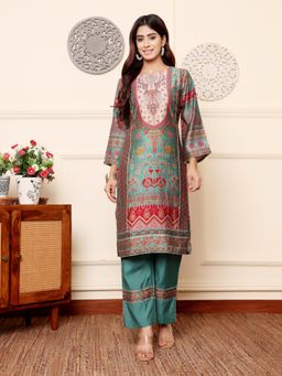 Varanga - Women Green Detailed Straight Kurta with Tonal Pant with Lace Detailing (Set of 2)