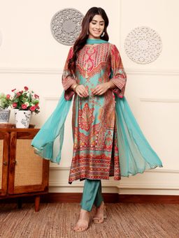 Varanga - Women Turquoise Detailed Kurta with Solid Pant and Dupatta (Set of 3)