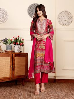 Varanga - Women Pink Ethnic Gota Embellished Kurta with Solid Pant and Dupatta (Set of 3)