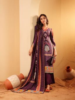 Varanga - Women Purple Ethnic Printed Kurta with Solid Pant and Printed Dupatta (Set of 3)