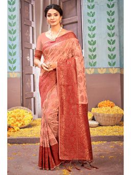 Sangam Prints - Peach Cotton Woven Zari Work Traditional Tassel Saree with Unstitched Blouse