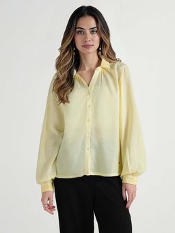 ELLE - Women Yellow Solid Collar Pure Cotton Shirt