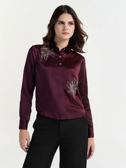ELLE - Women Wine Embroidered Collar Shirt