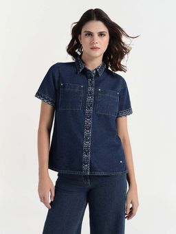 ELLE - Women Navy Blue Solid Collar Pure Cotton Shirt