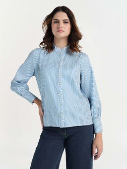 ELLE - Women Blue Striped Band Collar Pure Cotton Shirt