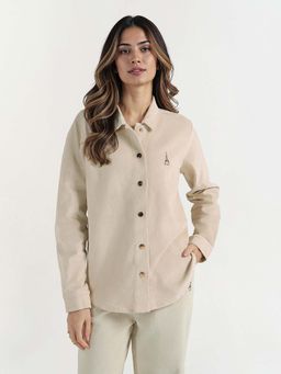 ELLE - Women Beige Solid Collar Corduroy Shirt