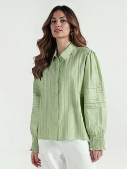 ELLE - Women Green Solid Collar Pure Cotton Shirt