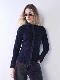 ONLY - Women Solid Regular Fit Navy Blue Shirt