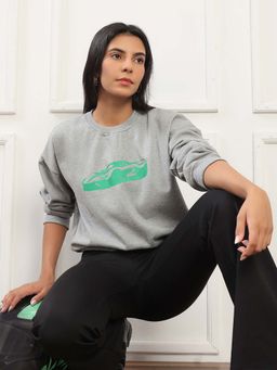 Globus - Women Grey Graphic Print Drop Shoulder Sleeves Pullover Sweatshirt (Heavy Fleece 260-280 GSM)
