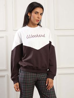 Globus - Women Brown & Typography Print Oversized Pullover Sweatshirt (Heavy Fleece 260-280 GSM)
