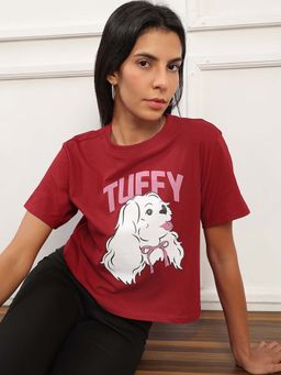 Globus - Women Red Round Neck Graphic Print Boxy Fit Crop T-Shirt