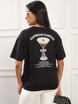 Globus - Black Round Neck Drop Shoulder Sleeves Graphic Back Print Oversized T-Shirt