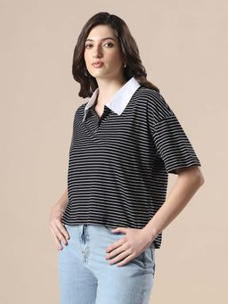 Globus - Women Black and White Striped Collared Neck Boxy Fit Polo T-Shirt