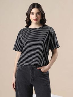 Globus - Women Black and White Striped Round Neck Short Sleeves Boxy Fit T-Shirt