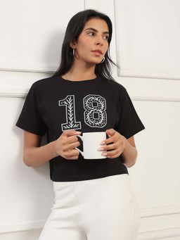 Globus - Black Round Neck Short Sleeves Graphic Print Boxy Fit T-Shirt