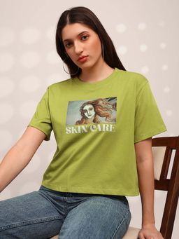 Globus - Green Graphic Print Round Neck Oversized Crop T-Shirt