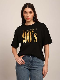 Globus - Black Graphic Print Round Neck Drop Shoulder Sleeves Oversized T-Shirt