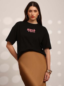 Globus - Black Graphic Print Round Neck Drop Shoulder Sleeves Oversized T-Shirt