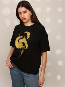 Globus - Black Graphic Print Round Neck Drop Shoulder Sleeves Oversized T-Shirt