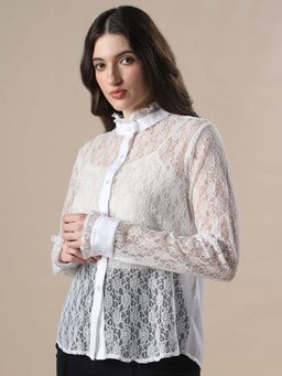 Globus - White Floral Lace Self Design High Neck Full Sleeves Shirt
